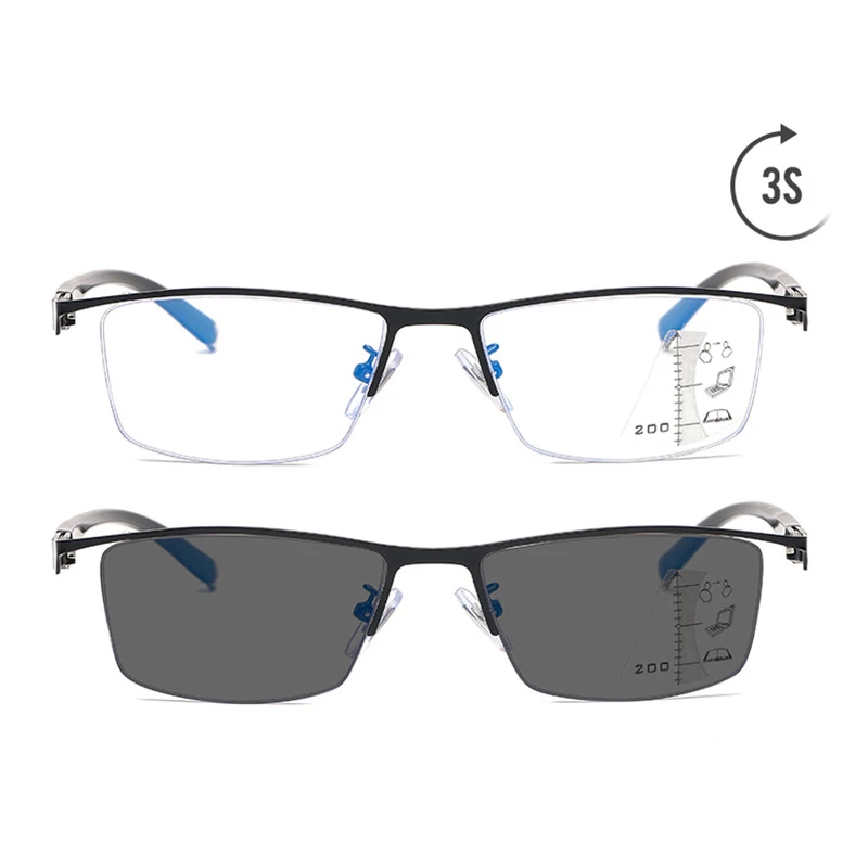 Bluelight blocking Men Half-rim Reading glasses Photochromic Multifocal Dual-use Reader +100 +150 +200 +250 +300 +350 +400