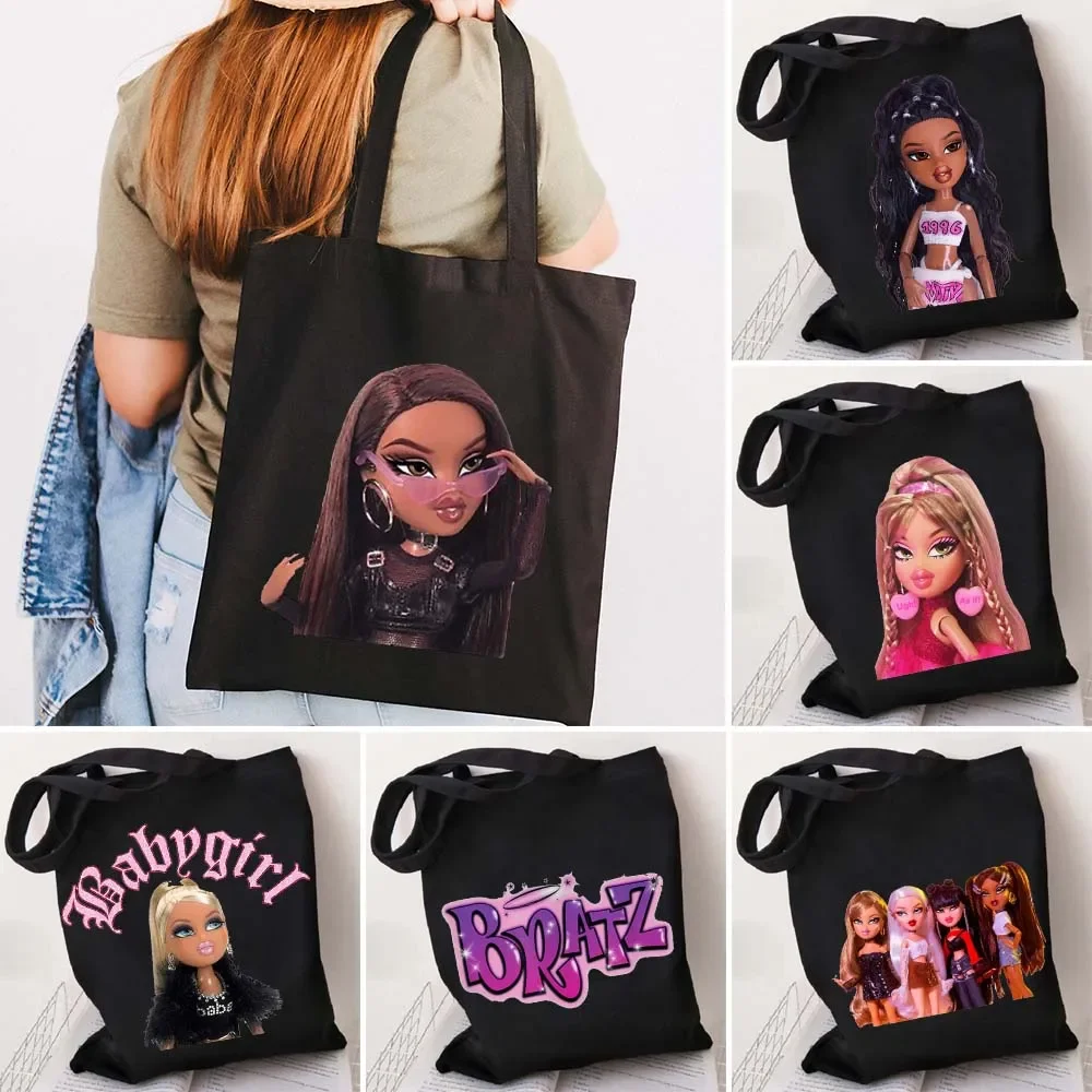 Sexy Lovely Cute Babygirl Bratz Doll Pink Girlz Cartoon Girl Women Shoulder Shopper Shopping Canvas Tote Bag Female Lady Handbag