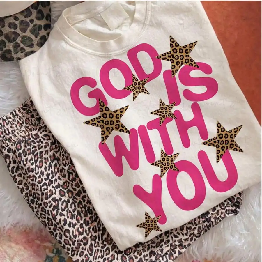 God Is With You Graphic Tee Pink Distressed Leopard Star Faith T Shirt Women  Western Cowgirl Summer Vacation Casual Top