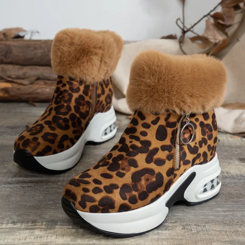 Leopard Women Platform Fur Ankle Boots Snow High Heel Sport Shoes Chelsea Winter 2025 Trend Plush Warm Casual Sneaker Bota Mujer