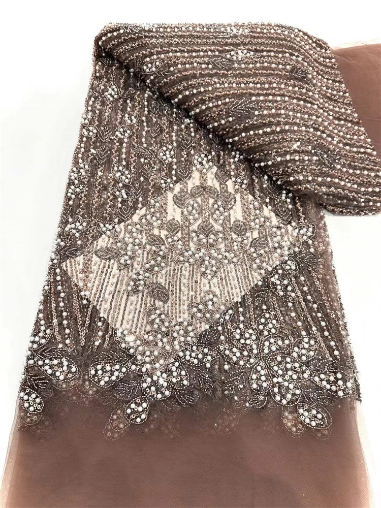 

African Beaded Sequin Lace Fabric Nigerian Lace Fabric High Quality Lace Embroidered Fabric For Sewing Women's Evening Dress