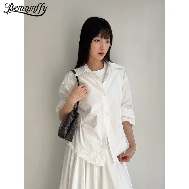 

Benuynffy Single Breasted Long Sleeve Shirt Women 2026 Spring New Korean Chic Loose Black White Office Ladies Tops and Blouses