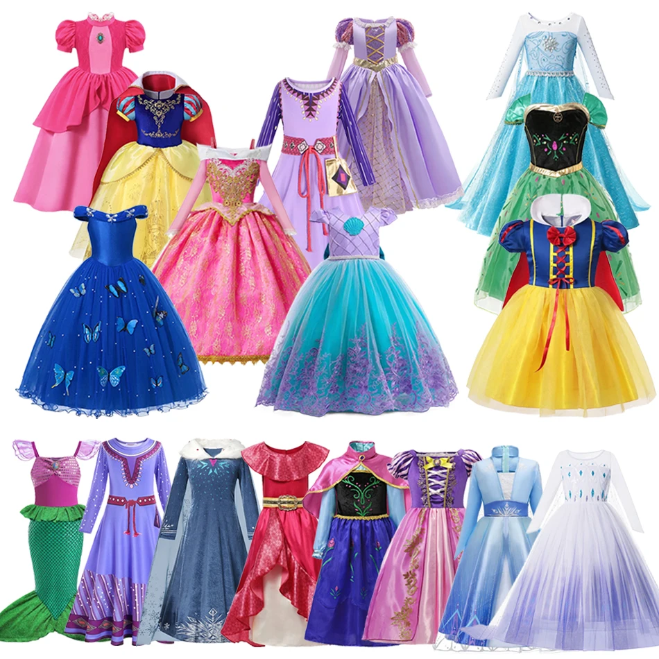 

Disney Girls Princess Dress 2024 Frozen Elsa Anna Kids Wish Asha Halloween Moana Costume Children Birthday Party Dress