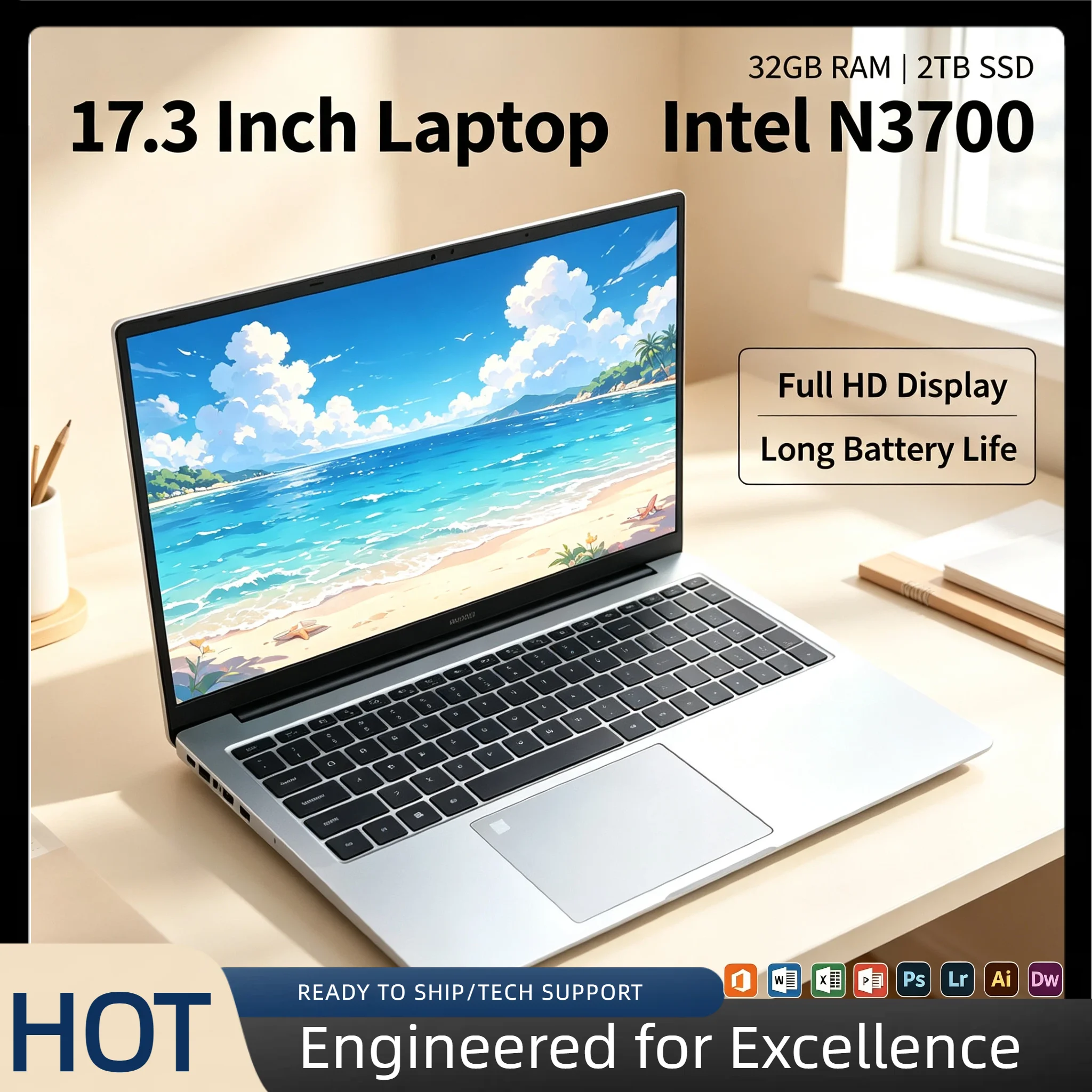 Intel N3700 17.3 Inch Full Size Laptop 32GB RAM 2TB SSD Fingerprint Unlock High Performance Work Gaming Notebook Core