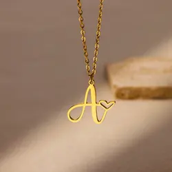 Heart Initials Letter Necklaces for Women Gold Color Alphabet Pendant Necklace Couple Premium Stainless Steel Jewelry collar