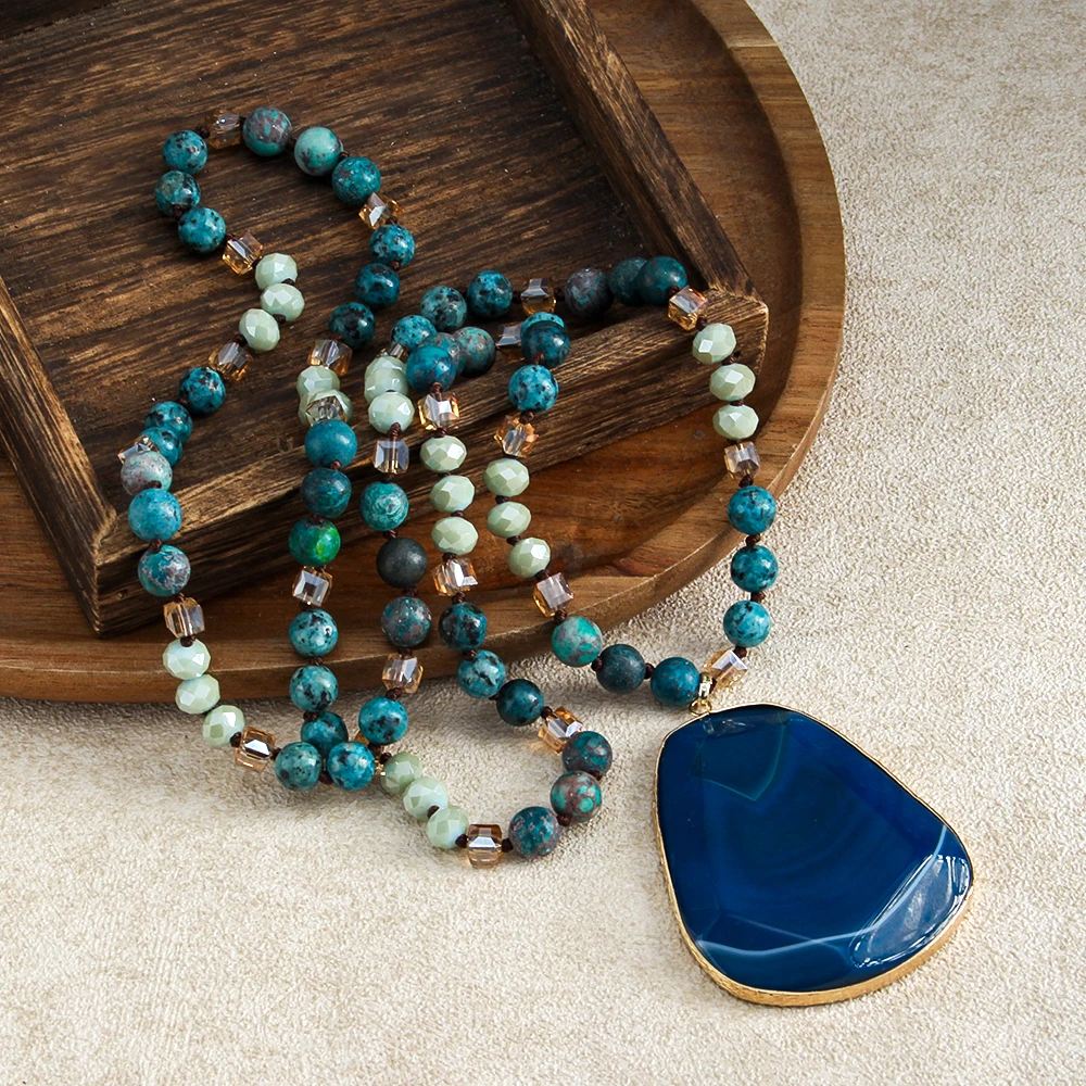 RH New Bohemian Vintage Women's Fashion Jewelry Multicolor Natural Stone Crystal Glass Knot Necklace Faced Agate Pendant