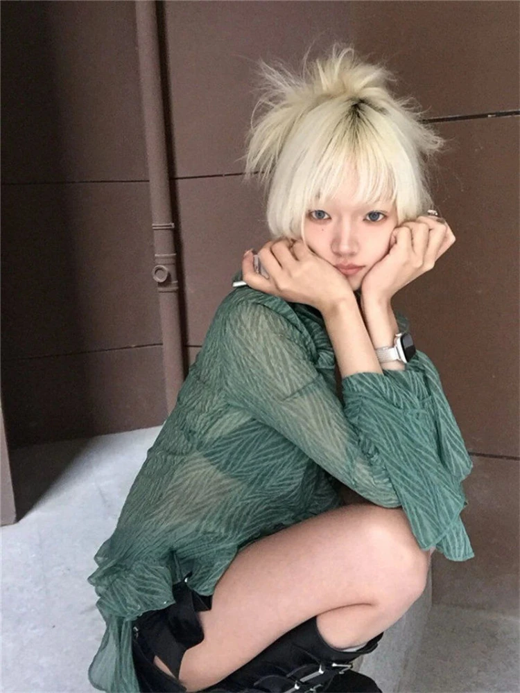 Japanische y2k Spitze Hemd Vintage 1920er Jahre Stil Rüschen Blusen Grunge Ästhetik unregelmäßige grüne Hemden Retro 90er Jahre sexy Strickjacke
