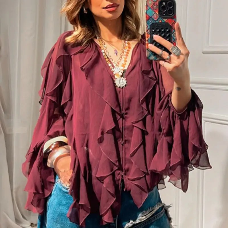 

Весна 2026: Женская рубашка с длинным рукавом, свободного кроя, стройнящая, в стиле Bell, трансграничный дизайн, премиум-качество, модная повседневная рубашка