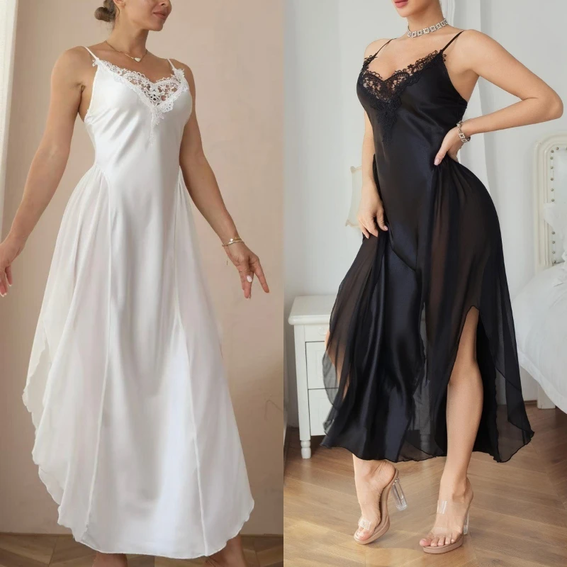 2026 Hot Selling New High-end Thin V-neck Over Knee Side Split Suspender Nightgown for Women