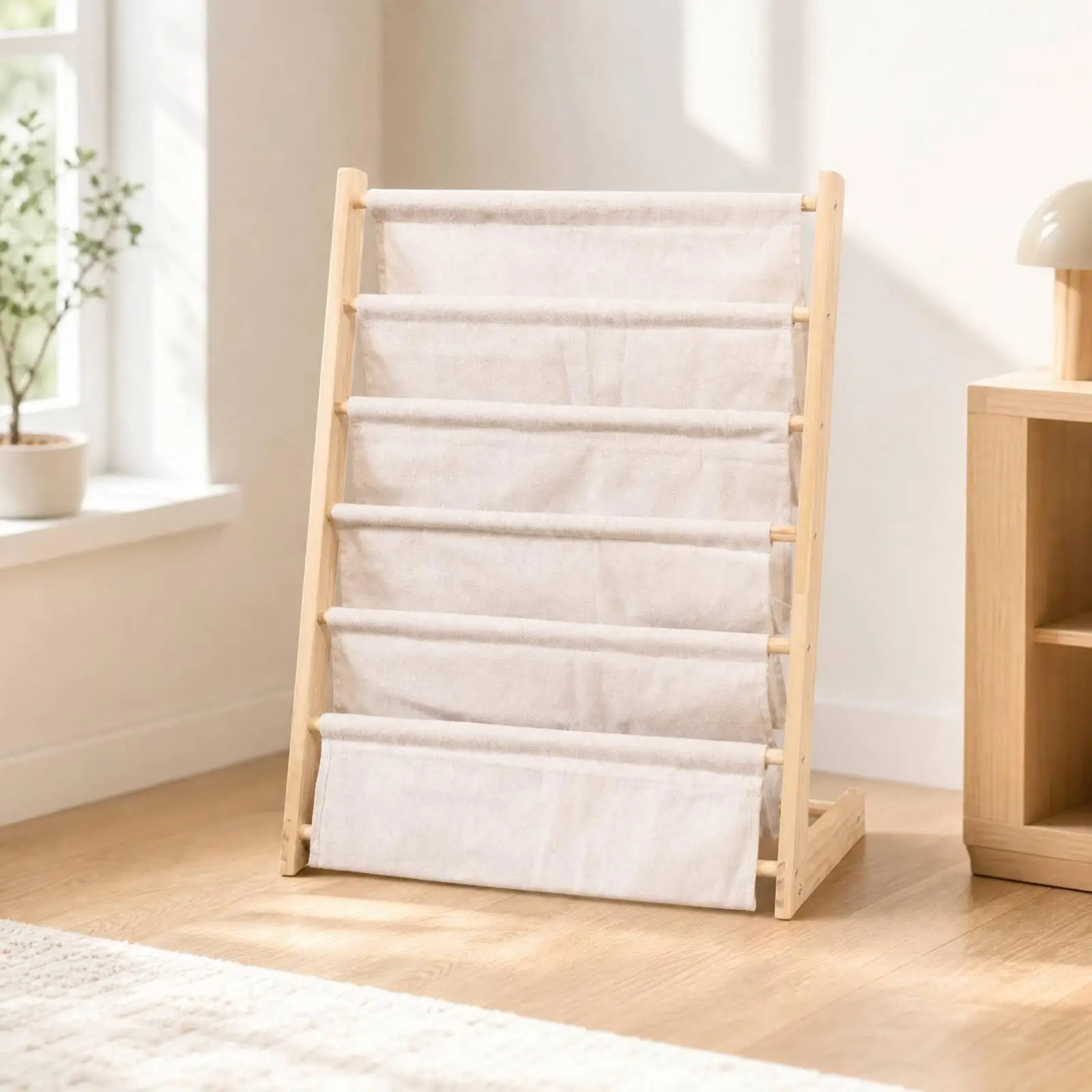 Solid Wood Book Rack with Cloth Pockets Freestanding Slanted Front Book Display Rack Floor Standing Bookshelf Stable - view 3