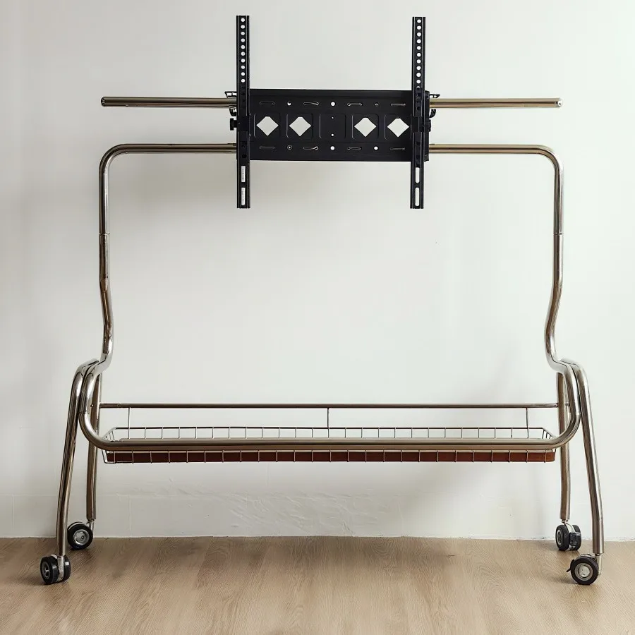 Kleiner, mittelalterlicher TV-Ständer aus Edelstahl 304 für kleine Wohnungen, geeignet für 26-65 Zoll Fernseher, mit beweglichen Rollen.