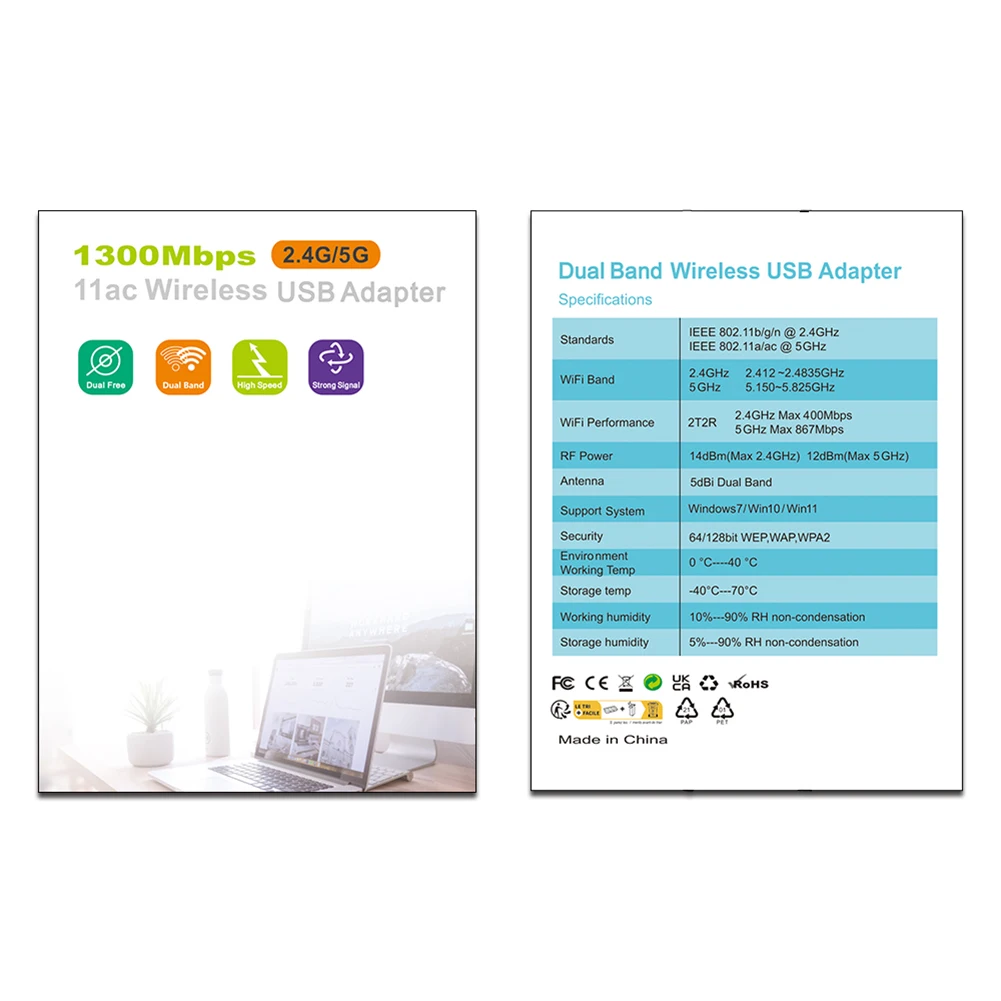 Ac1300mbps USB-WLAN-Karte High-Gain-Antenne Dualband 2.4/5GHz WLAN-Sender Empfänger für PC Laptop Windows XP/Vista/11/10