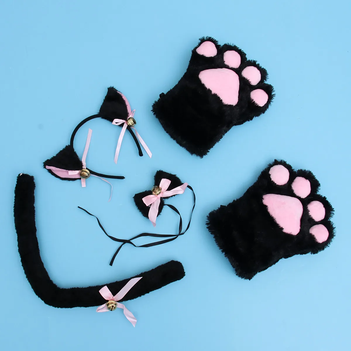 5pcs 고양이 발 장갑 세트 파티를위한 블랙 크리 에이 티브 코스프레 의상 고딕 로리타 착용 액세서리 고양이 귀 칼라 발
