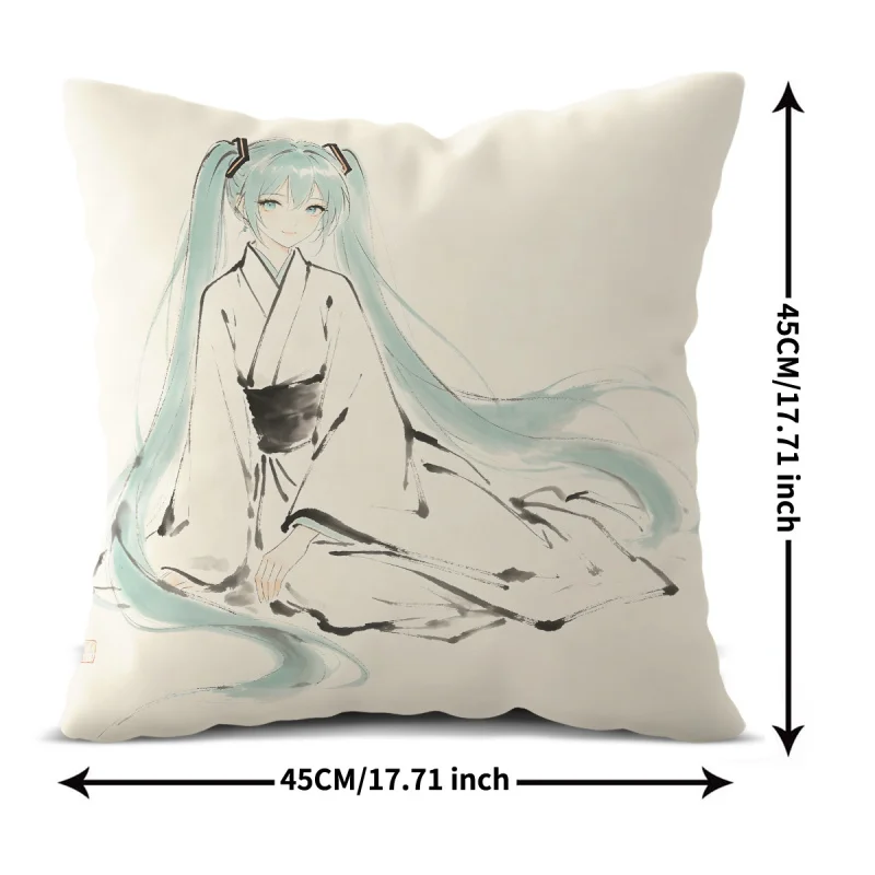 Hatsune Miku Ink Wash Throw Pillow Japanese Kimono Style Anime Cushion for Gaming Room Teen Room Sofa Bedroom Decor Gift for Fan