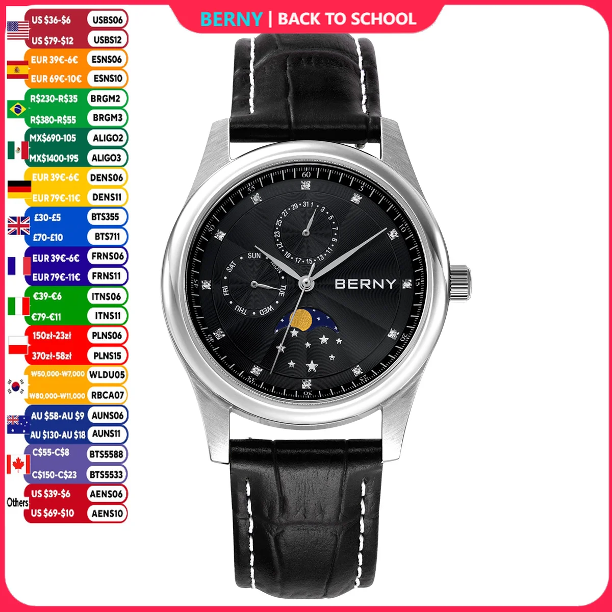 BERNY Herrenuhr Datum Wochen Mondphase Quarzuhren für Herren Edelstahl Lederarmband Business Armbanduhr Herrenuhr