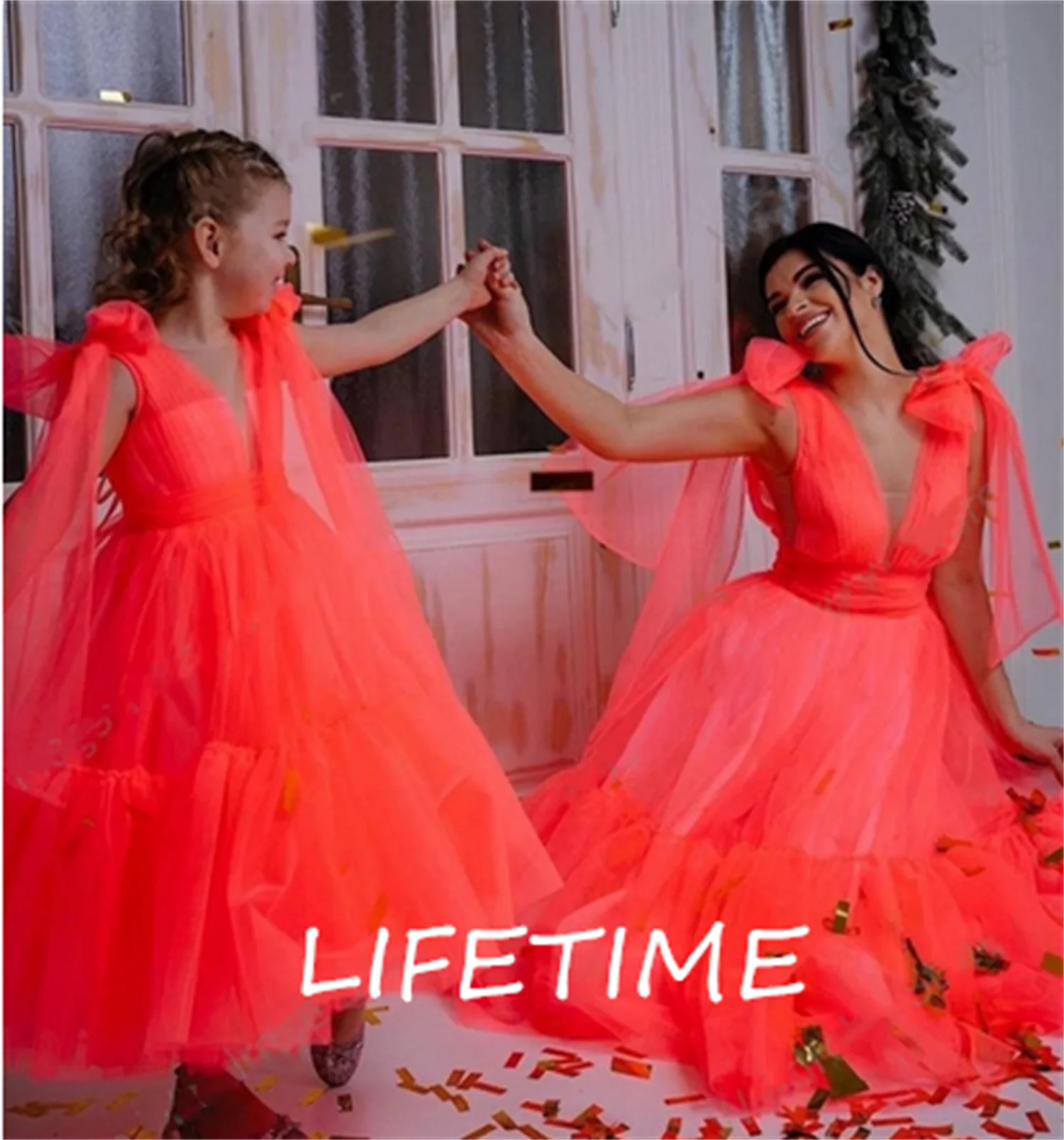 Pretty A-line Long Tulle Dresses For Mother Kids Photography Ruffled Tulle Birthday Party Dresses Women & Girls Gift Tulle Dress