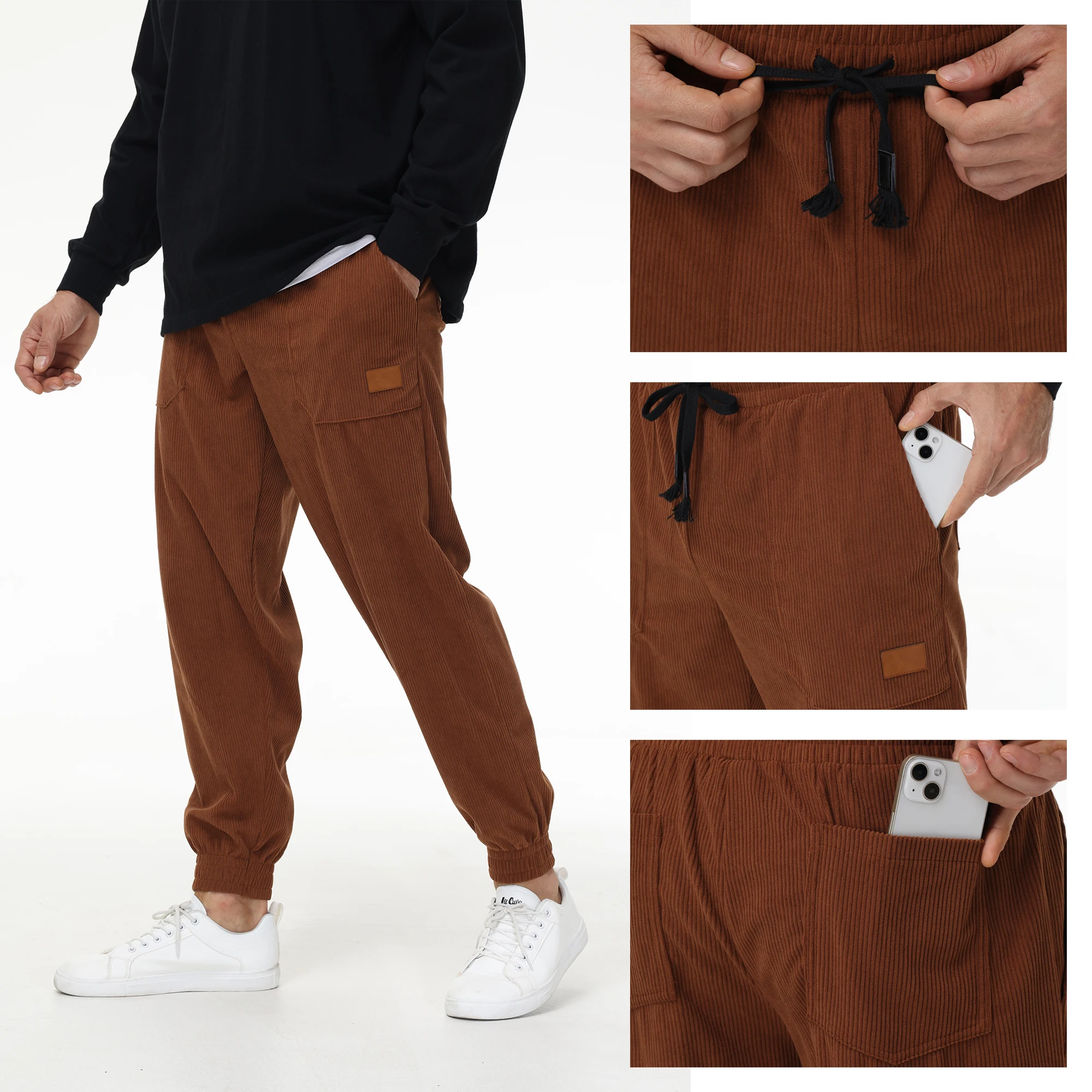 

Mens Corduroy Sweatpants Elastic Waist Drawstring Tapered Pants With 4 Pockets for Jogging Running Outdoor Warm Sports