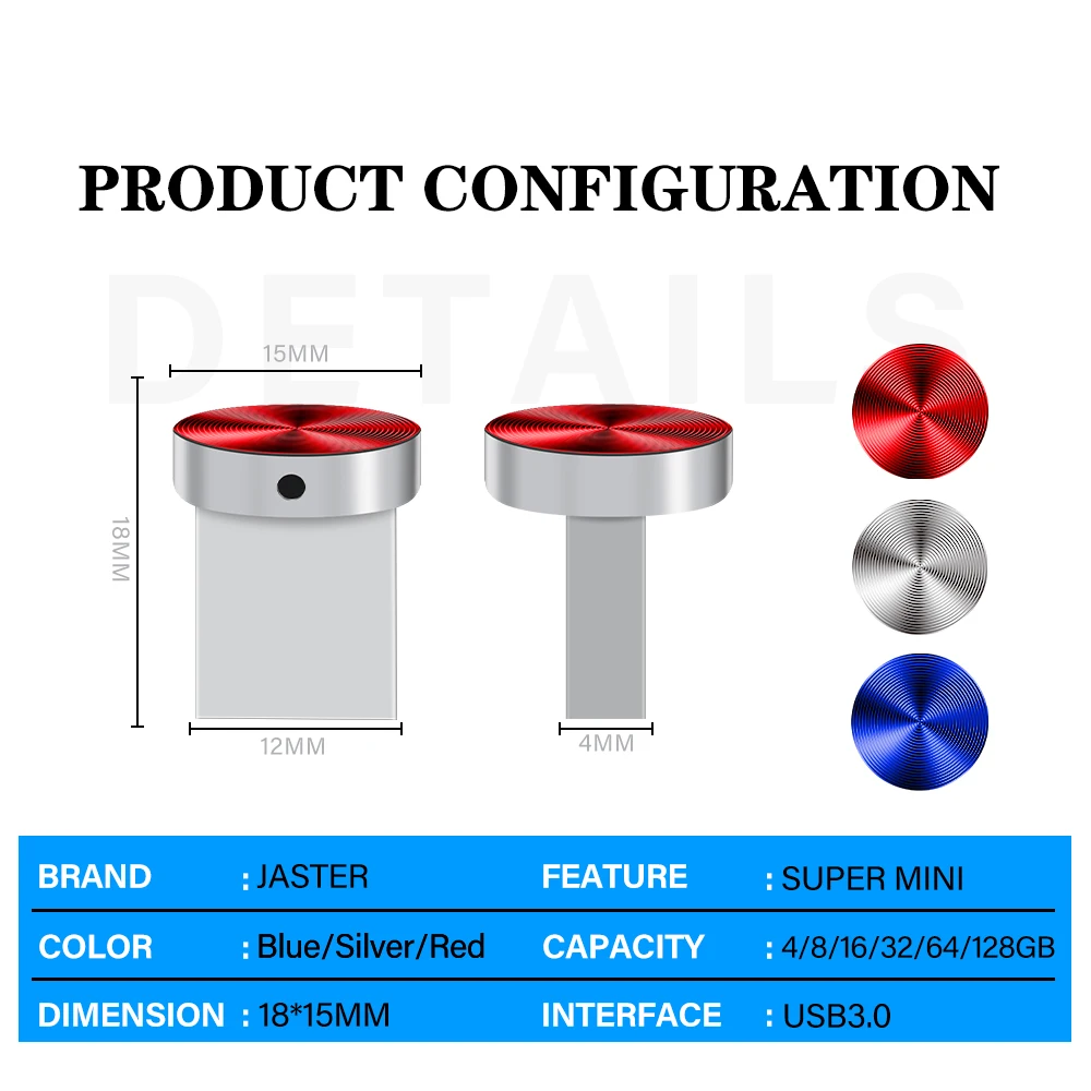 Mini clé USB avec bouton en métal, clé USB, clé USB argentée, clé USB, stockage externe rouge, cadeau créatif, bleu, 64 Go, 32 Go, 16 Go