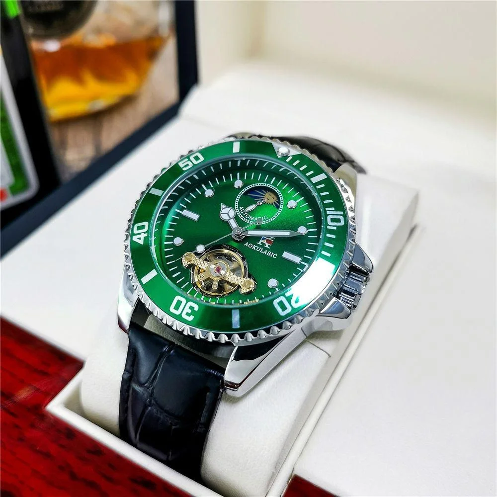 Mechanische Herrenuhr der Luxus-Serie, Automatikaufzug, Skelett-Design, rundes Zifferblatt, Lederarmband, High-End-Mode, lässig, vielseitige Herrenuhr, das beste Geschenk für Ihn