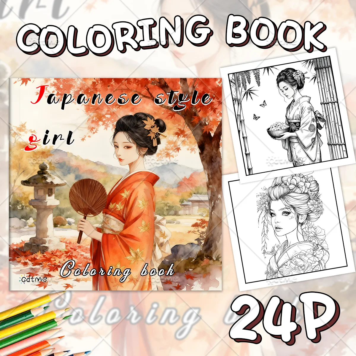 Japanese Style Girl Bold-easy Patterns Coloring Book for Adults Cute Drawing Book Perfect Gift for Party and Birthday ﻿