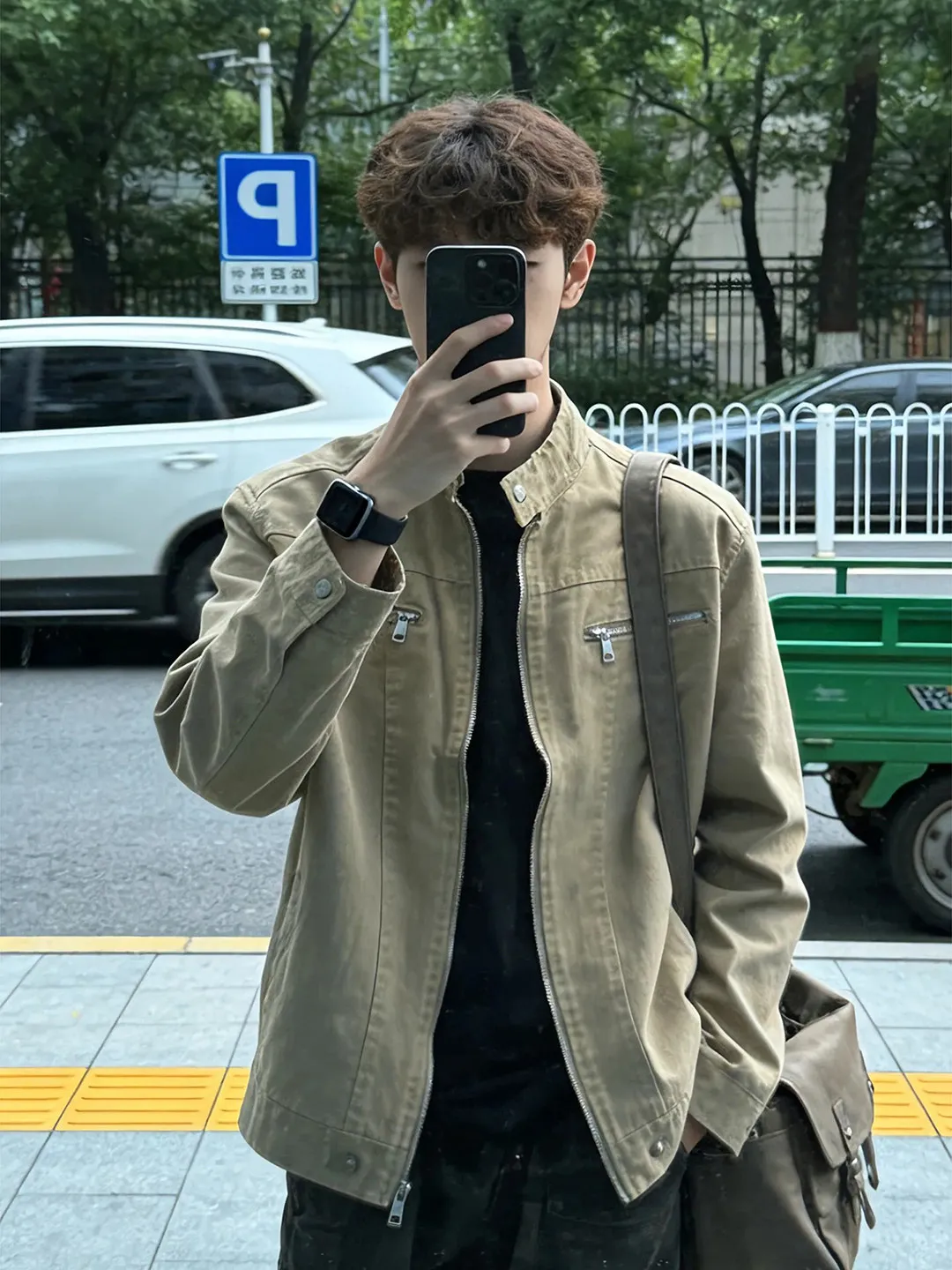 Kaki Color Short Stand Collar Harrington Jacket Men's Spring Autumn Workwear Denim American Retro Zipper Decorated Loose Fit