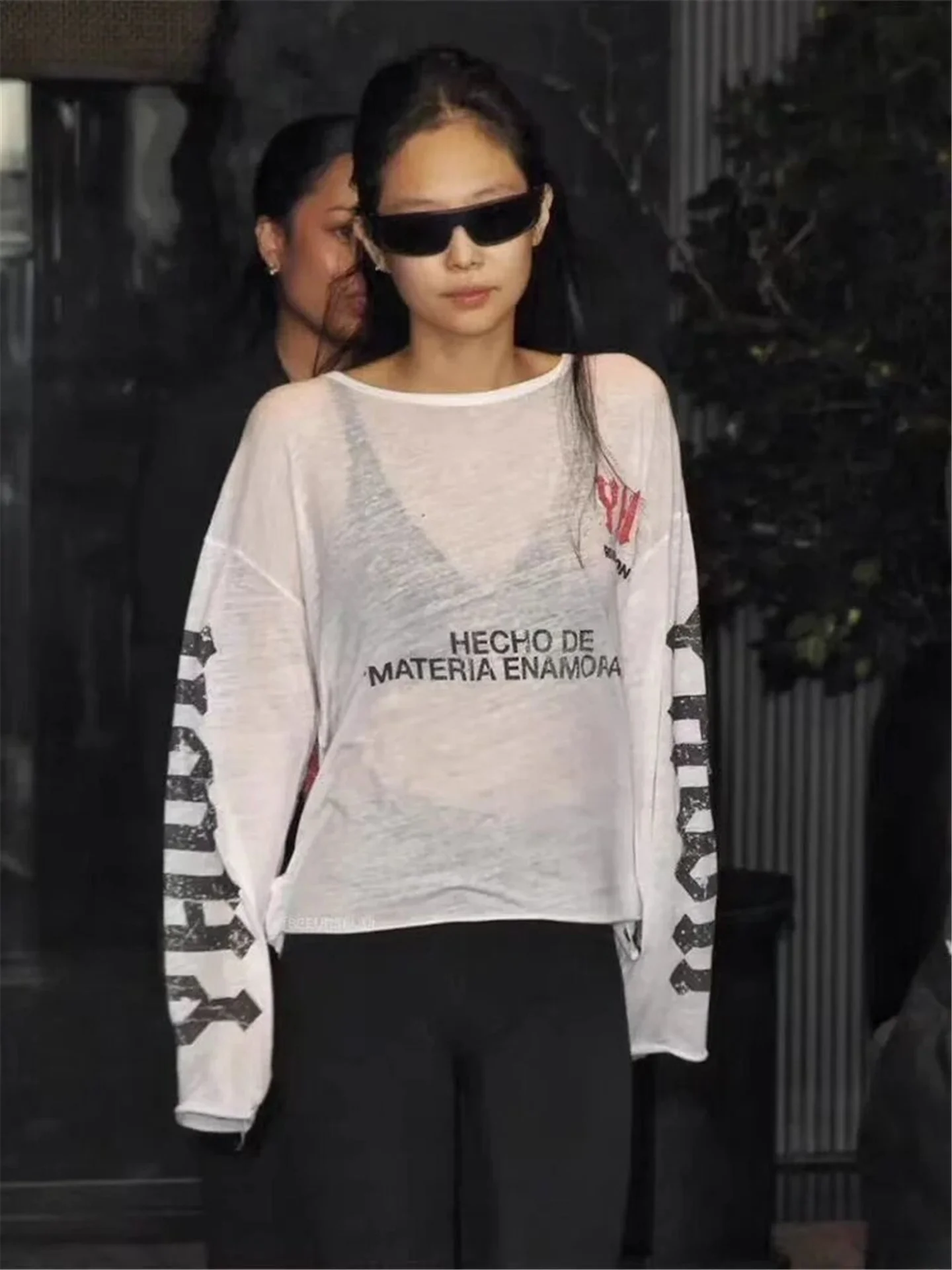 Jennie American Style Hot Girl Loose Long Sleeve Sun Protection Cover up Women Summer Transparent Shoulder Top Korean Style T...