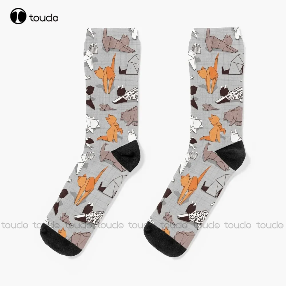 Origami Kitten Friends // Grey Linen Texture Background Paper Cats Socks Mens Socks Personalized Custom 360° Digital Print