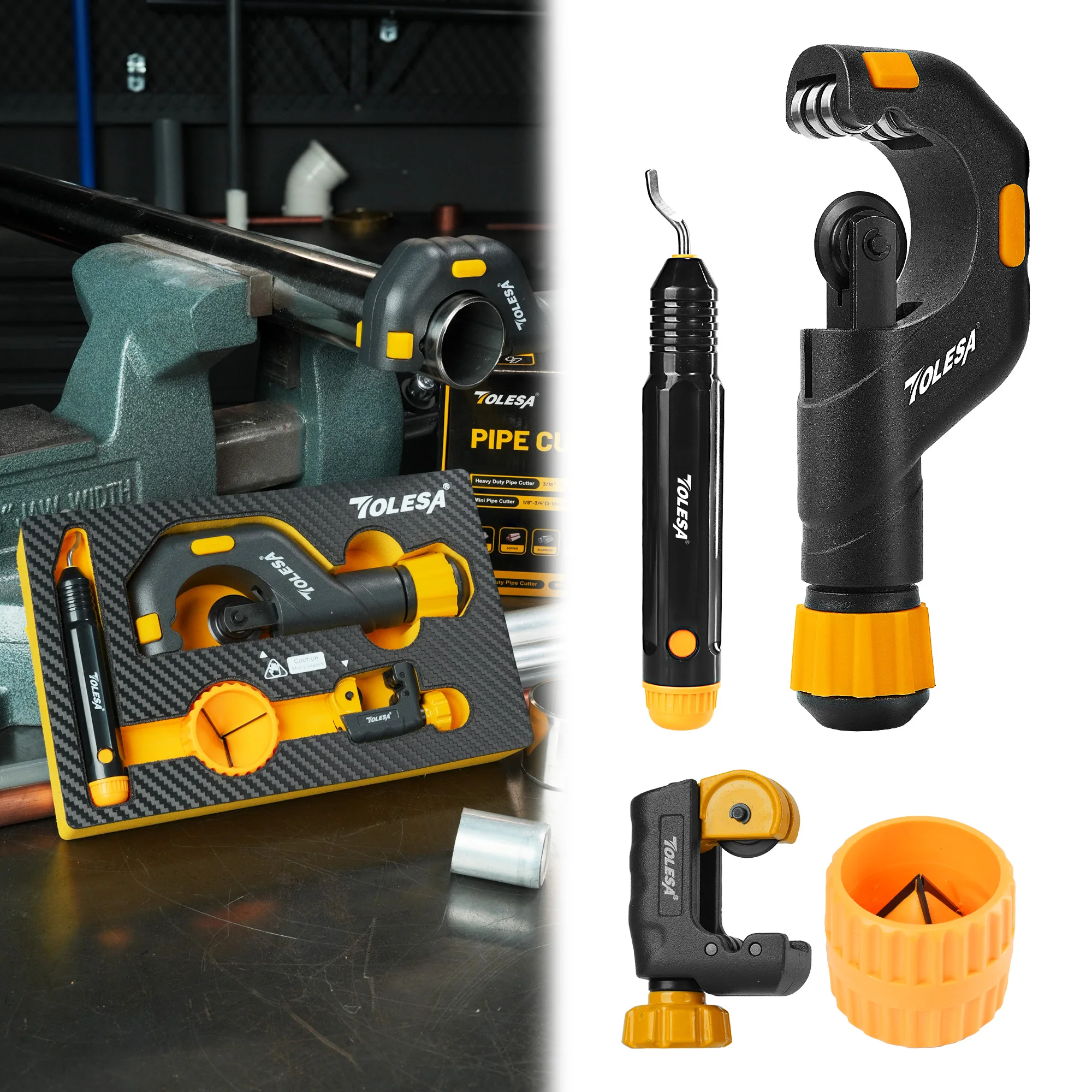 TOLESA4PCS Pipe Cutter Tool Heavy Duty 1/8''-2'' with Deburring Reaming Tool for Stainless Steel, Copper, Aluminum, Brass, PVC