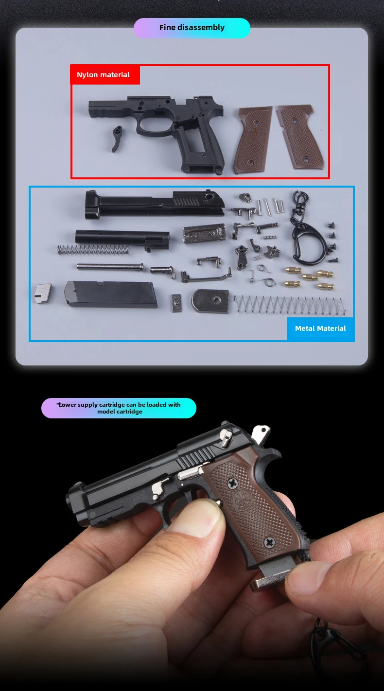 1/3 M92F Pistol Shape Keychain Shell Eject Metal Gun Model Disassemb Key Chain Gadgets Pendant Ornament for Gift for Men Friends