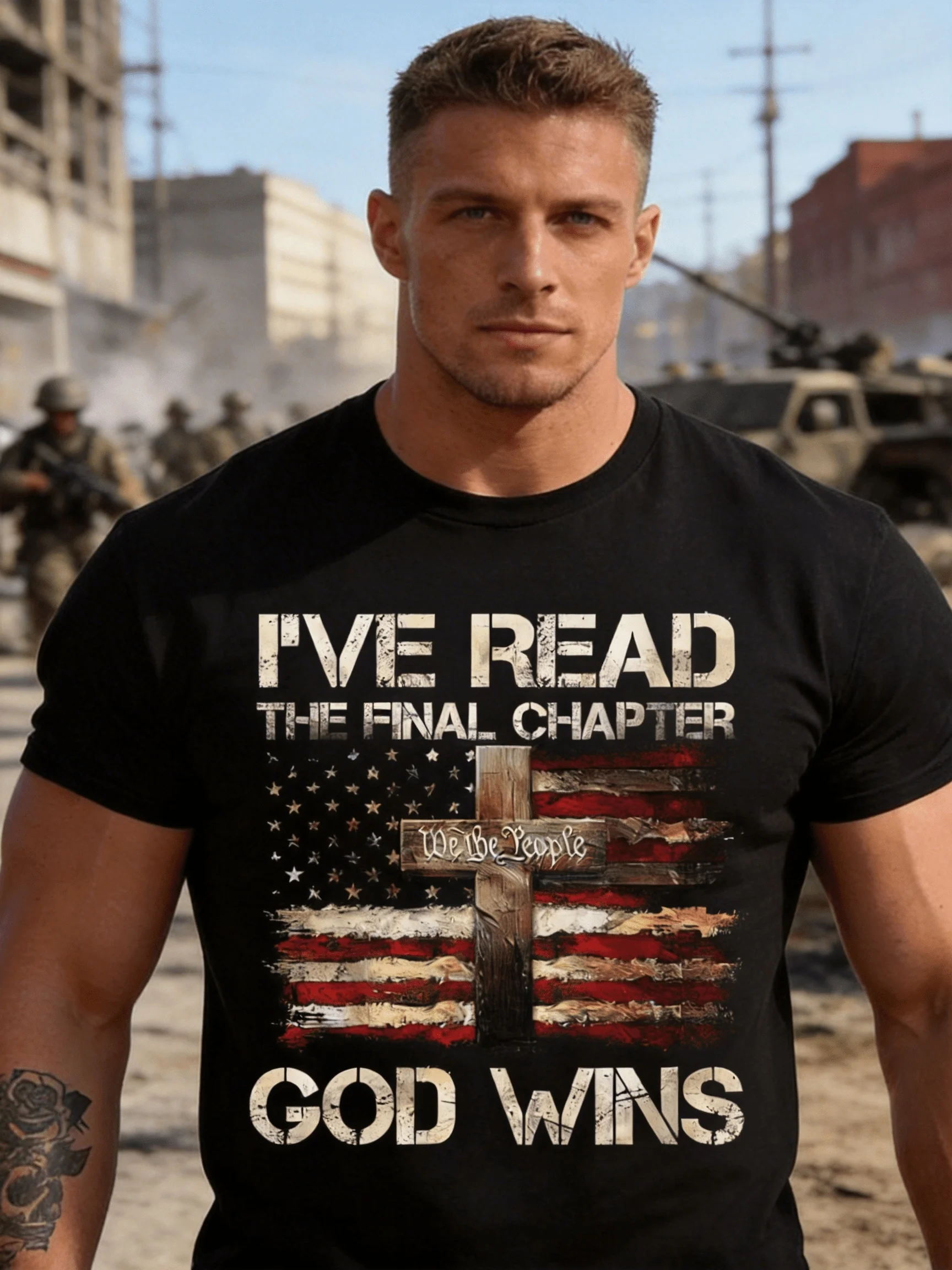 Large Size, Patriotic Religious Theme Black T-Shirt with 