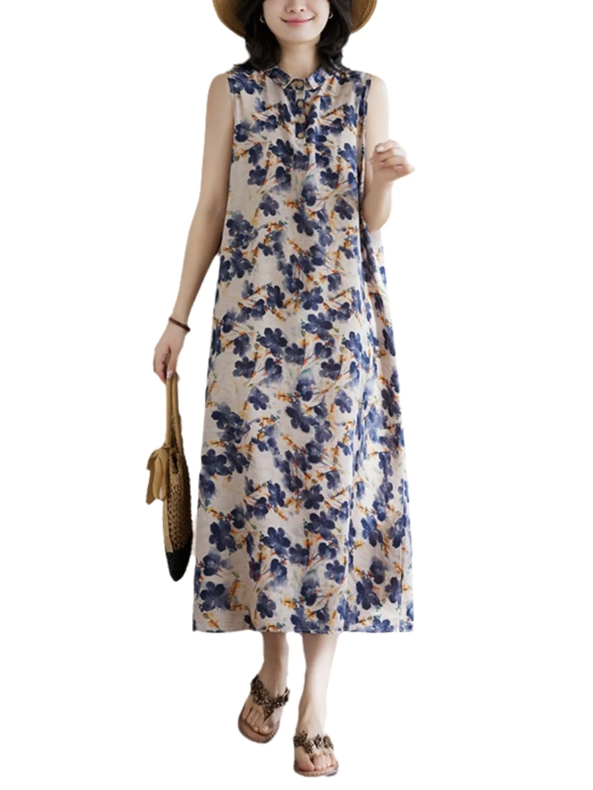 ชุดเดรสทรงเอไลน์ผ้าฝ้ายลินินพิมพ์ลายดอกไม้สไตล์จีนย้อนยุคสำหรับฤดูร้อน ทรงหลวม ใส่สบาย เหมาะสำหรับสาวพลัสไซส์