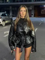 HH, chaqueta de motocicleta Vintage para mujer con cinturón, gabardina de piel sintética, chaqueta de manga larga con solapa y cremallera, prendas de vestir de calle para otoño