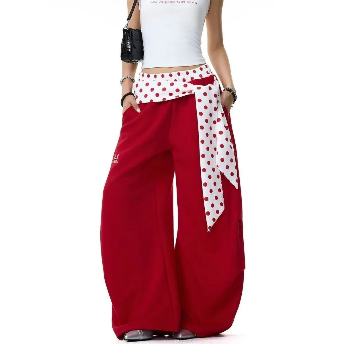 Summer Women's Pants High Waist Brown Trousers Loose Fit Elastic Waist Wide Leg Pants Polka Dot Sash Red Straight Cut Women's