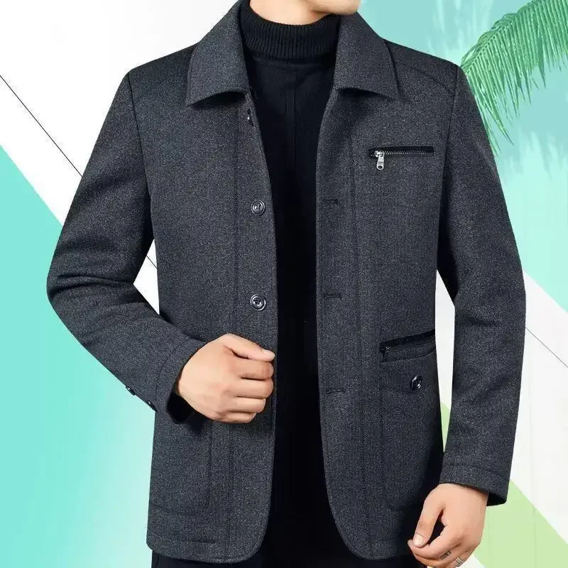 Autumn Winter Fleece-lined Jacket For Middle-aged Elderly Men Casual Blazer Lapel Thickened For Father Grandfather