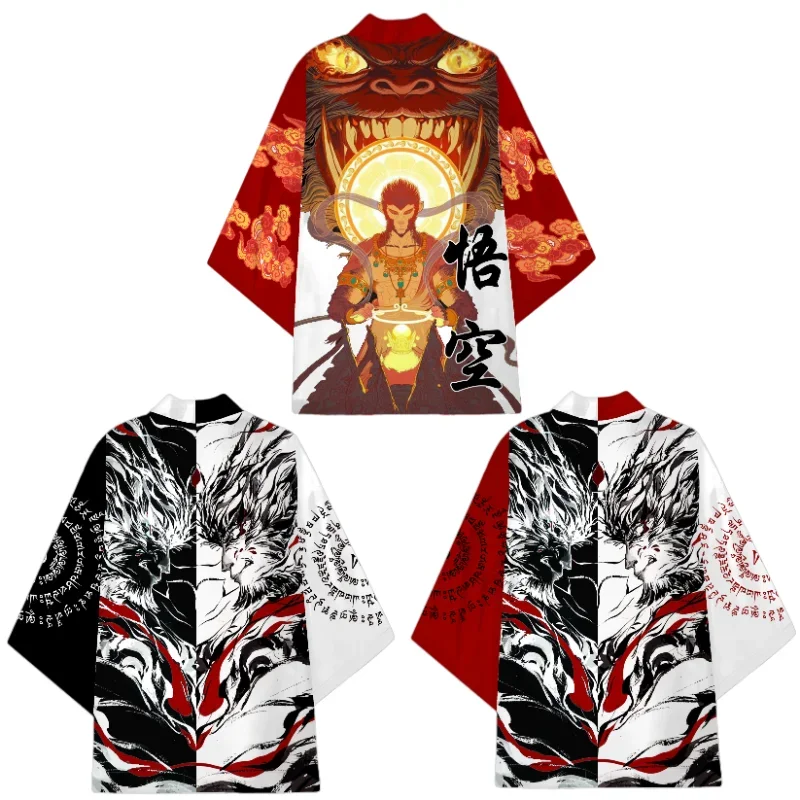 Black Myth WuKong Cosplay Kimono Men Traditional Asian Clothes Vintage Eye-Catching Graphic Print Japanese Haori Cardigan Yukata