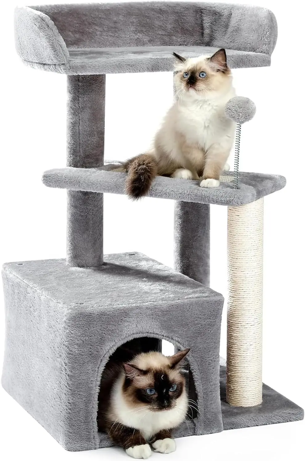 Cat Tree, Carpet Cat Tower Grey for Indoors Cats, Cute Wood Kitty Condo with Scratching Post and Pad