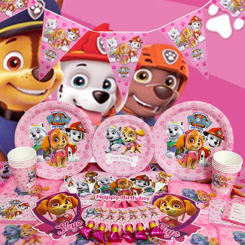 Skye PAW Patrol Geburtstagsparty-Dekoration Rosa Mädchen-Thema Cartoon Kinder-Event-Zubehör Hintergrund-Banner Geburtstagsgeschenk Tasse Teller – Detail 3