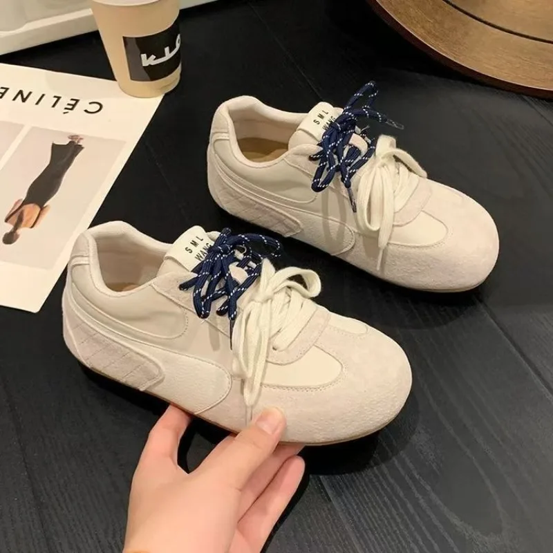 Women Retro Flat Training Shoes Suede Leather Splicing Double Shoelaces Round Toe Cream Beige Casual Preppy Style Daily Sneakers