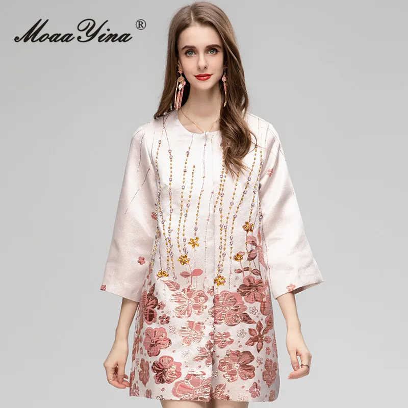 

MoaaYina Summer Fashion Designer Luxury Jacquard Dress Women's O-neck Three-quarter Sleeve Diamond Casual Loose Mini Short Dress