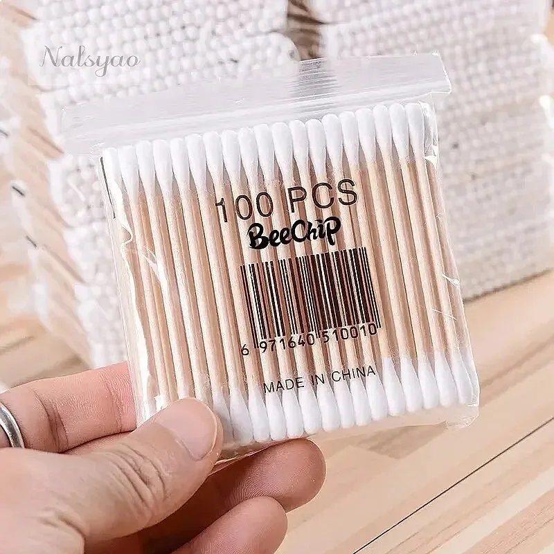 Wholesale 100PCS Wooden Double-Ended Cotton Swabs Makeup Cleaning Disposable Ear Pulling Hygiene Tool