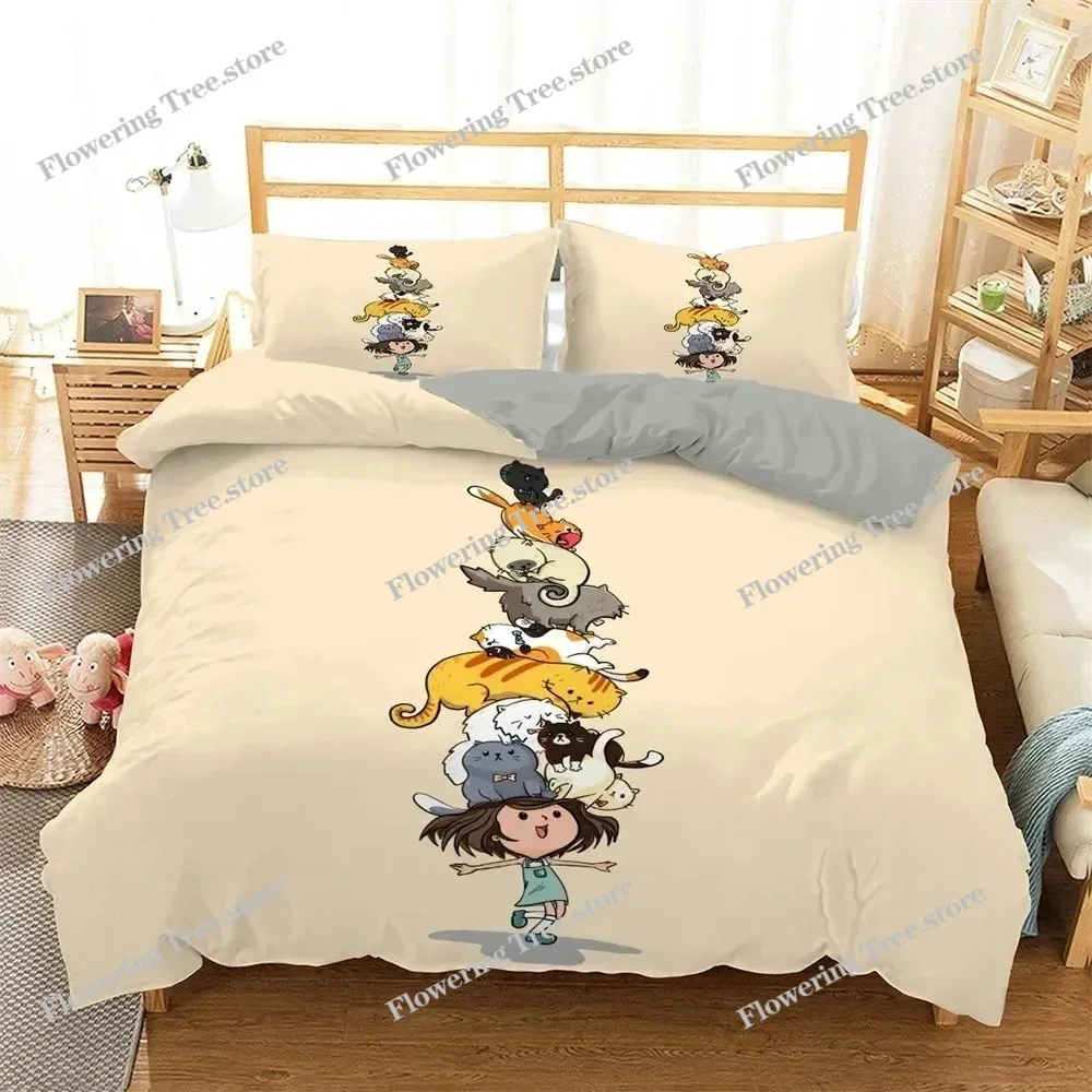 Cartoon Cat Bedding Set Kids Kawaii Kitty Duvet Cover Colorful Pet Animal Comforter Cover King Twin Queen Polyester Quilt Cover