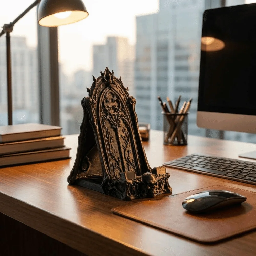 3D Printed Skull Phone Holder Plastic Skull Stand Gothic Throne Ornament Matte Black Universal Desktop Decoration