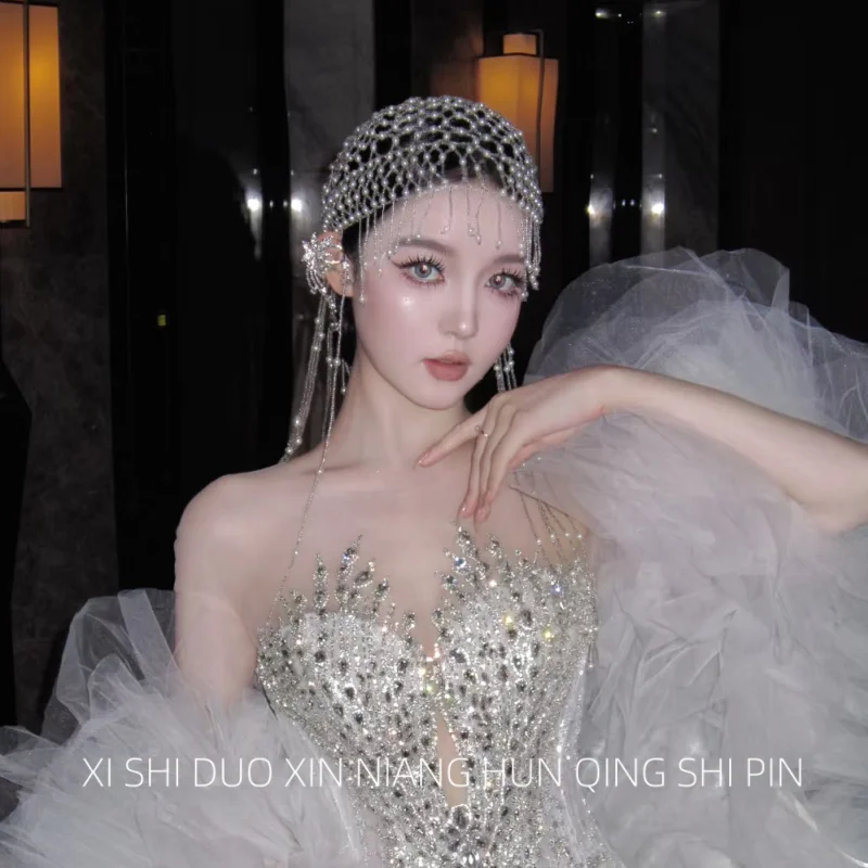 요정 아름다움 진주 드리워진 모자 디자인 감각 장 럭셔리 모조 진주 무대 패션쇼 파티 패션 신부 머리 장식 체인 소녀