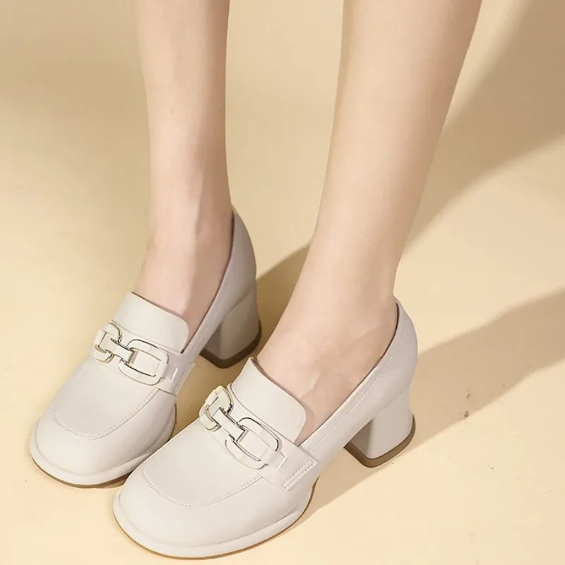 2024 Retro New Women's British Style Round Solid Color Toe Slip-on Shallow Mouth Metal Decorated Thick-soled High Heels