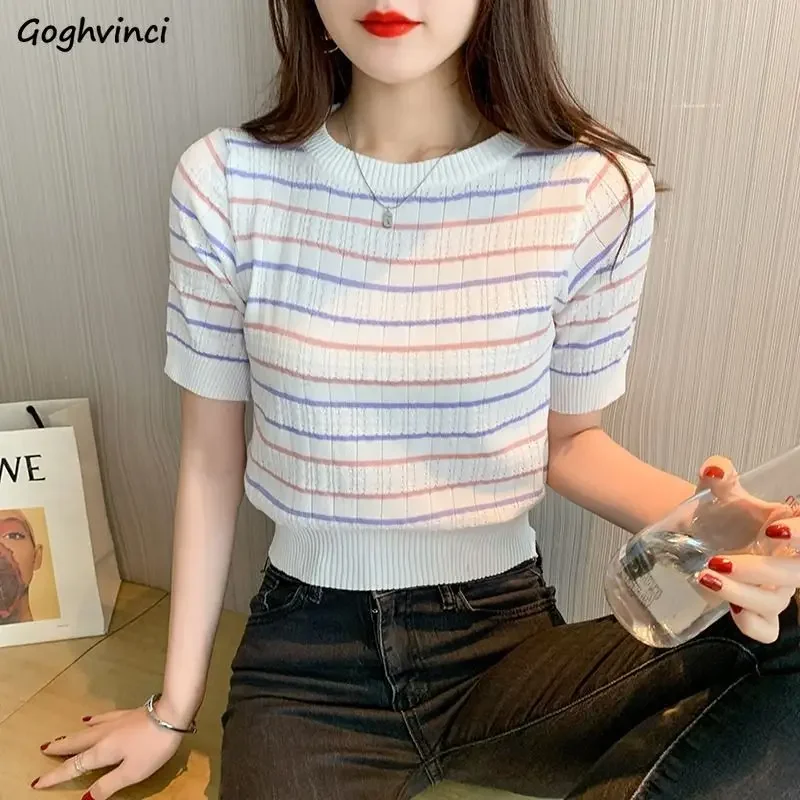 

Pullovers Women Striped Thin Summer Candy Color Design Sweet Retro Fashion Harajuku Cool Streetwear Girlish Korean Style Female