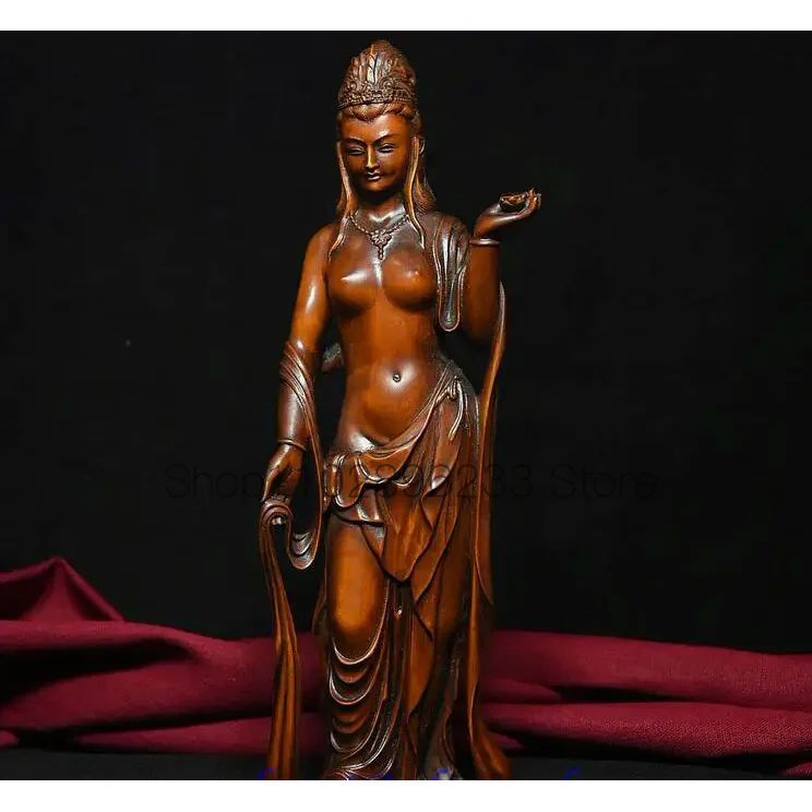 

10" Chinese Boxwood wood Carve Lakshmi Kwan-yin Guan Yin goddess Buddha Statue