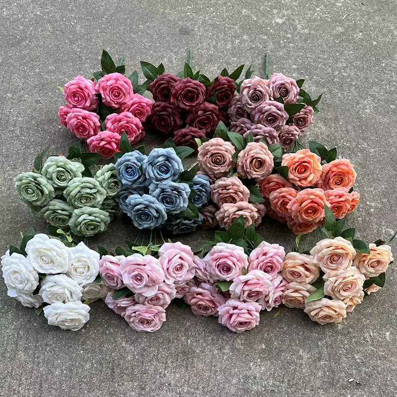 9 Head Curled Roses European Artificial Flowers Home Wedding Rose Wedding Hotel Road Leading Bunch Artificial Flowers