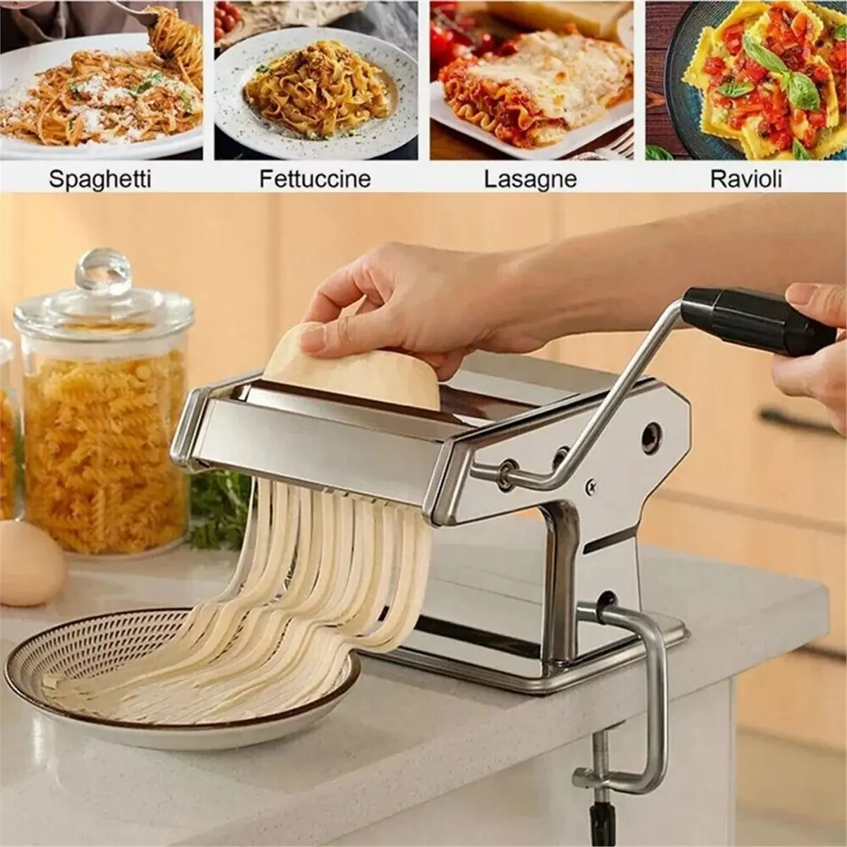 N94R Stainless Steel Adjustable Pasta Maker Machine Noodle Dumpling Press Machine Two Cutter Kitchenware Multifunctional