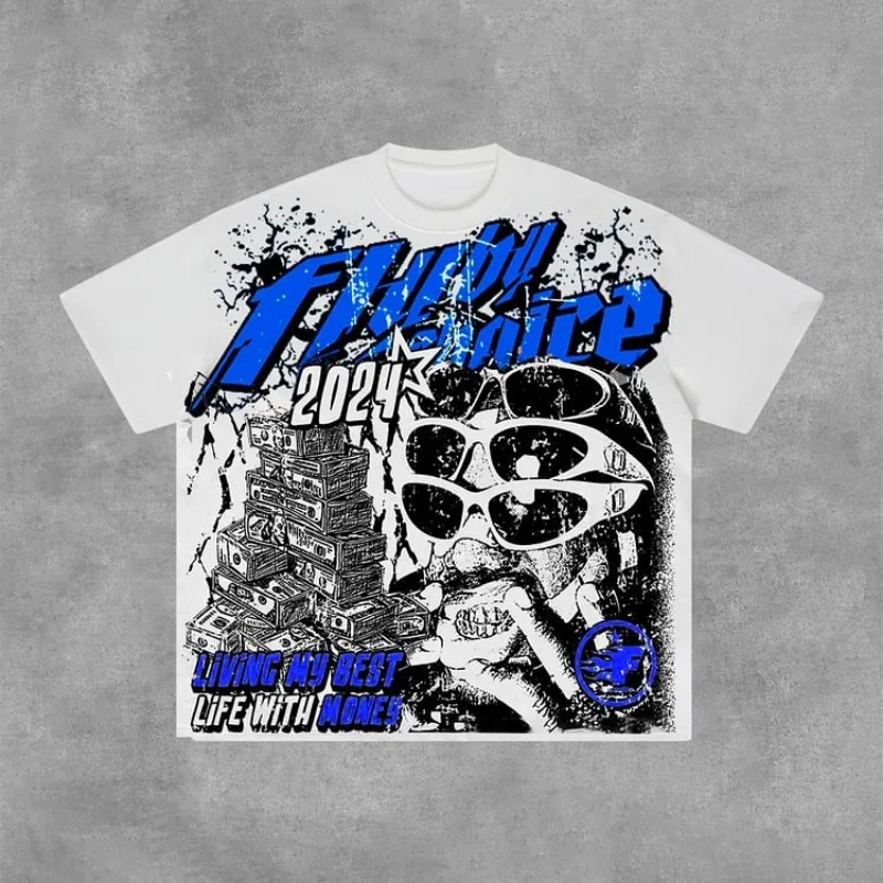 2026 Fly By Nice Y2K Streetwear T‑Shirt Money Stack Hip‑Hop Figure Graphic Print Unisex Casual Oversized Short Sleeve Tee