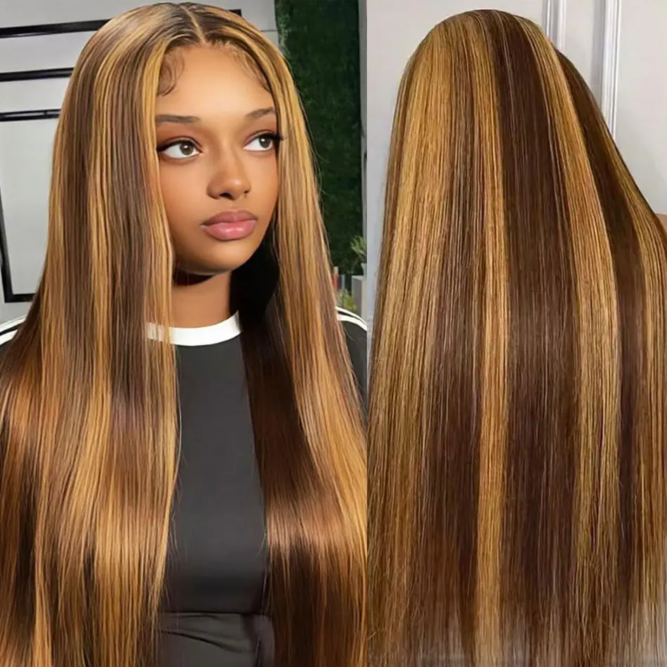 

4/27 Highlight Straight 13x6 Hd Lace Frontal Wig Human Hair 200% Density Brazilian Hair Ombre Honey Blonde Brown Human Hair Wig